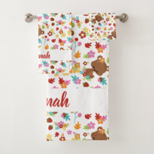Niedlicher Bär & Blätter Baby Girl Personalisierte Badhandtuch Set
