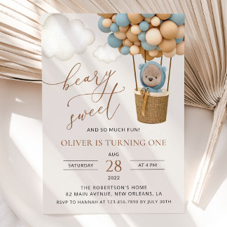 Niedlicher Bär, Blaue Balloons, erster Geburtstag Einladung