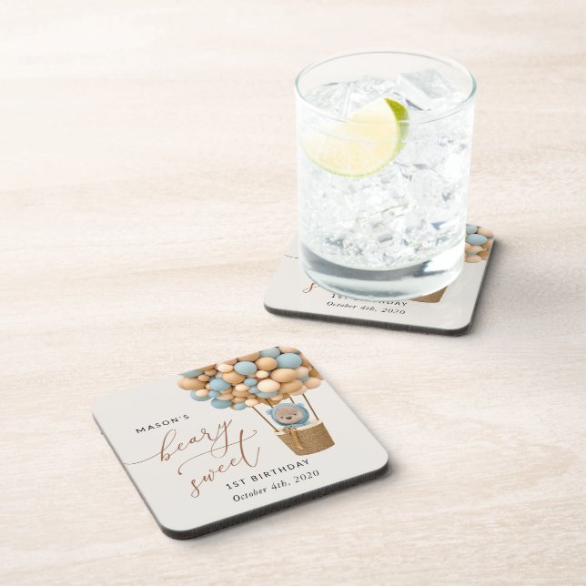 Niedlicher Bär, Blaue Balloons, erster Geburtstag Getränkeuntersetzer (Rechte Seite)