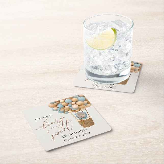 Niedlicher Bär, Blaue Balloons, erster Geburtstag Rechteckiger Pappuntersetzer (Vor Ort)