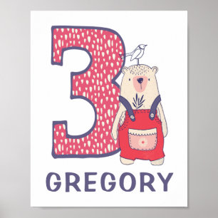 Niedlicher Bär dritter Geburtstag mit Namensschild Poster