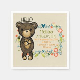 Niedlicher Bär, Gelbe Blume und Blumenkranz Geburt Serviette