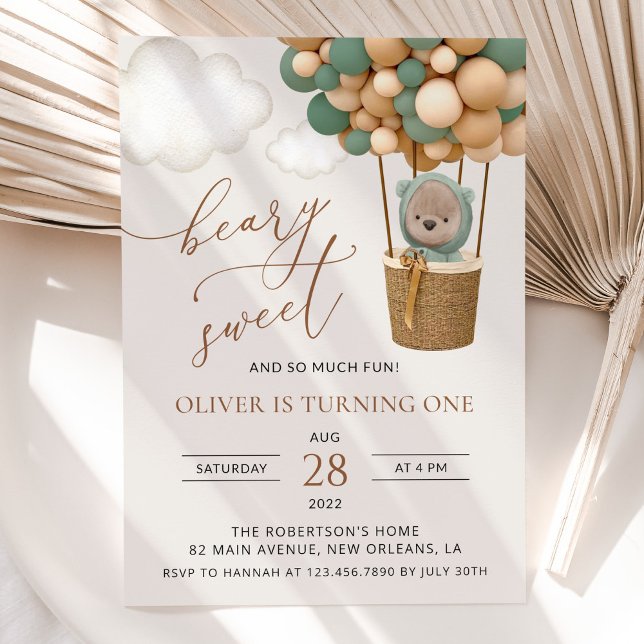 Niedlicher Bär, Grüne Balloons, erster Geburtstag Einladung (Von Creator hochgeladen)