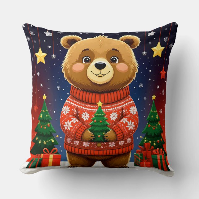 Niedlicher Bär im Weihnachtspullover Kissen (Vorderseite)