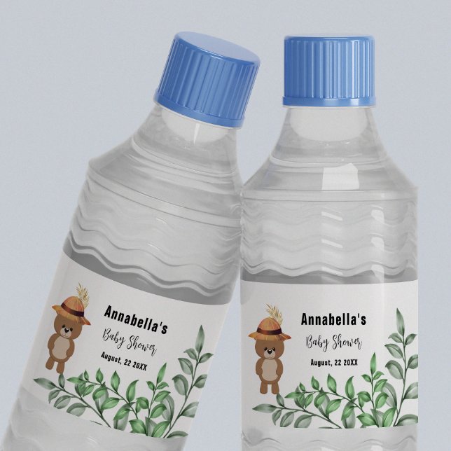 Niedlicher Bär in der Wood Baby-Dusche Wasserflaschenetikett (Von Creator hochgeladen)