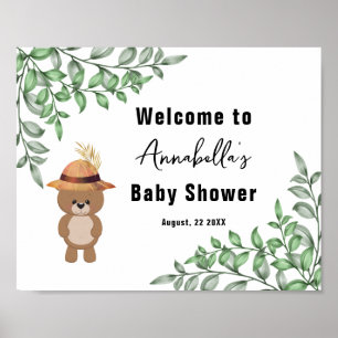 Niedlicher Bär in der Wood Welcome Baby Dusche Poster