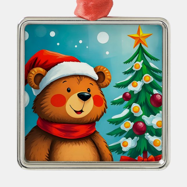 Niedlicher Bär in Weihnachtsmannmütze Neben geschm Ornament Aus Metall (Vorne)