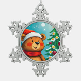Niedlicher Bär in Weihnachtsmannmütze Neben geschm Schneeflocken Zinn-Ornament