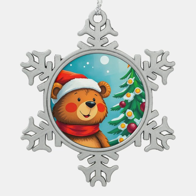 Niedlicher Bär in Weihnachtsmannmütze Neben geschm Schneeflocken Zinn-Ornament (Vorderseite)