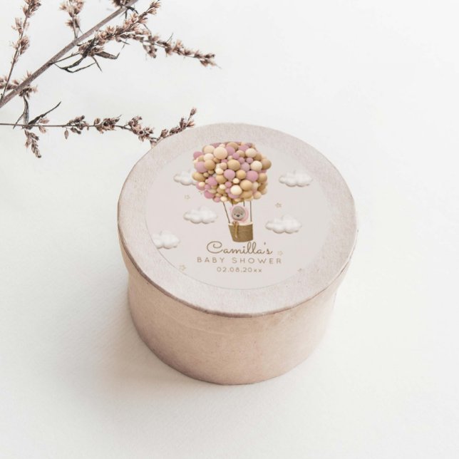 Niedlicher Bär mit Balloons Girl Baby Dusche Runder Aufkleber (Von Creator hochgeladen)