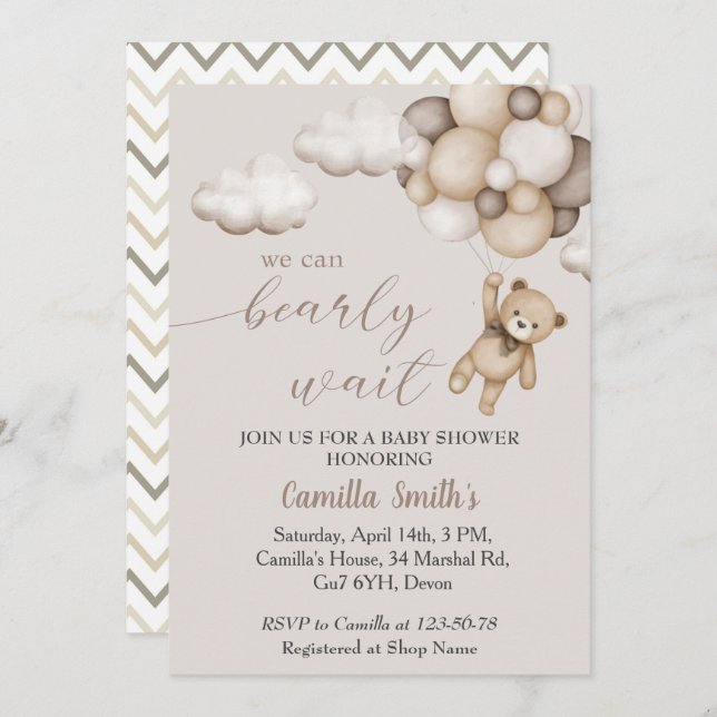 Niedlicher Bär mit Balloons Kinderdusche Einladung (Vorne/Hinten)