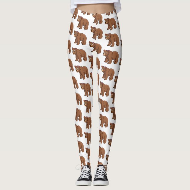 Niedlicher Bär mit Blume Cartoon Abbildung Leggings (Vorderseite)