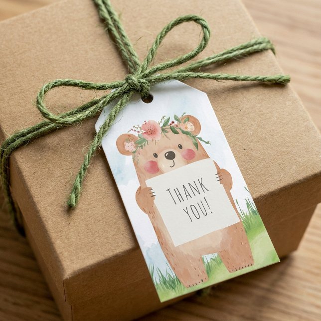 Niedlicher Bär mit Blumenkrone Danke Geschenkanhänger (Cute girl Bear with Floral Crown Thank You Gift Tags)