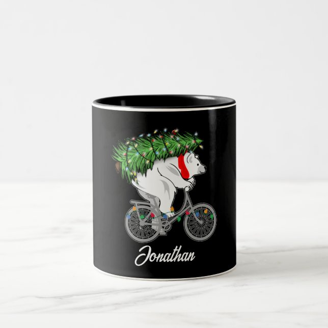 Niedlicher Bär mit Weihnachtsbaumgeschenk für Radf Zweifarbige Tasse (Mittel)