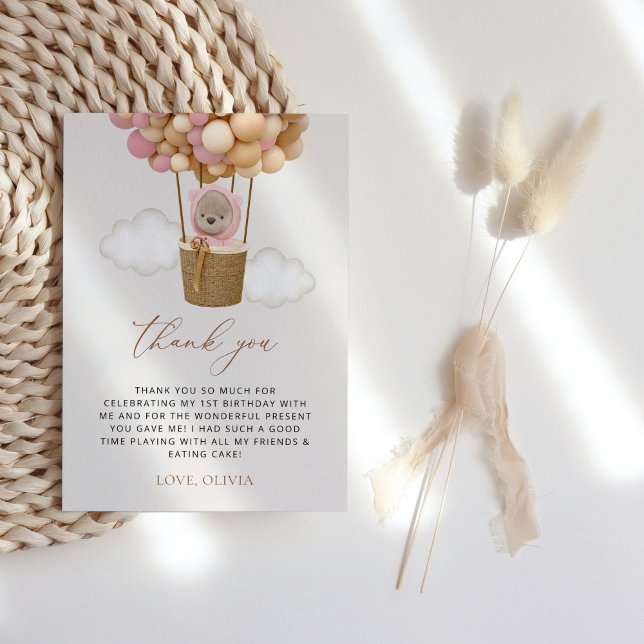 Niedlicher Bär, rosa Balloons, erster Geburtstag Dankeskarte (Von Creator hochgeladen)