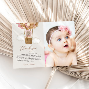 Niedlicher Bär, rosa Balloons, erster Geburtstag Dankeskarte