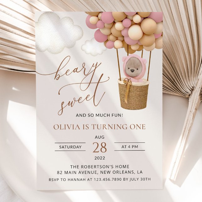 Niedlicher Bär, rosa Balloons, erster Geburtstag Einladung (Von Creator hochgeladen)