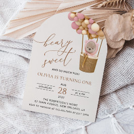 Niedlicher Bär, rosa Balloons, erster Geburtstag Einladung