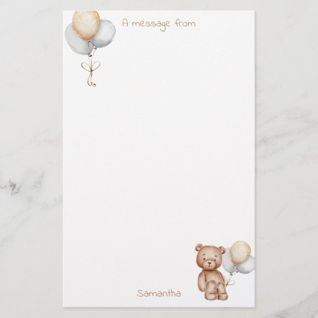 Niedlicher Bär und Balloons Gold Silver Custom Briefpapier (Vorderseite)