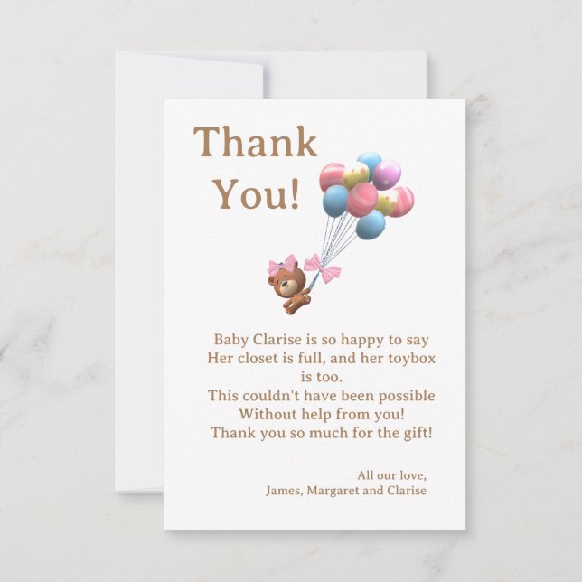 Niedlicher Bär und Balloons Theme Flat Danke Karte (Vorderseite)