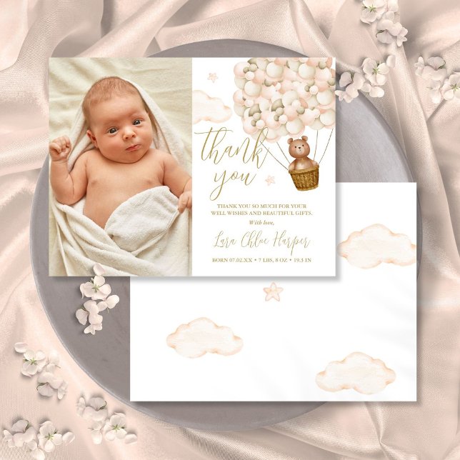 Niedlicher Bär und Balloons Vielen Dank Baby Foto  Ankündigungspostkarte (Cute Bear And Balloons Thank You Baby Photo Birth Announcement Postcard)
