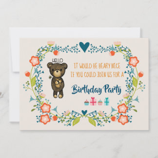 Niedlicher Bär und Blumenreath zum Geburtstag einl Einladung