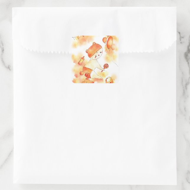 Niedlicher Bär und Spielzeug Wasserfarbe Orange Pi Quadratischer Aufkleber (Tasche)