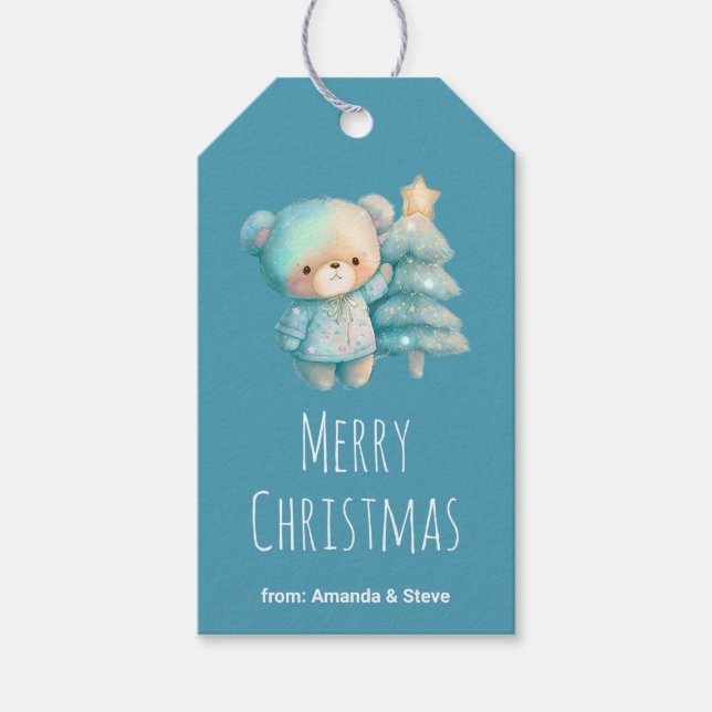Niedlicher Bär und Weihnachtsbaum Aquamariner Urla Geschenkanhänger (Vorderseite)