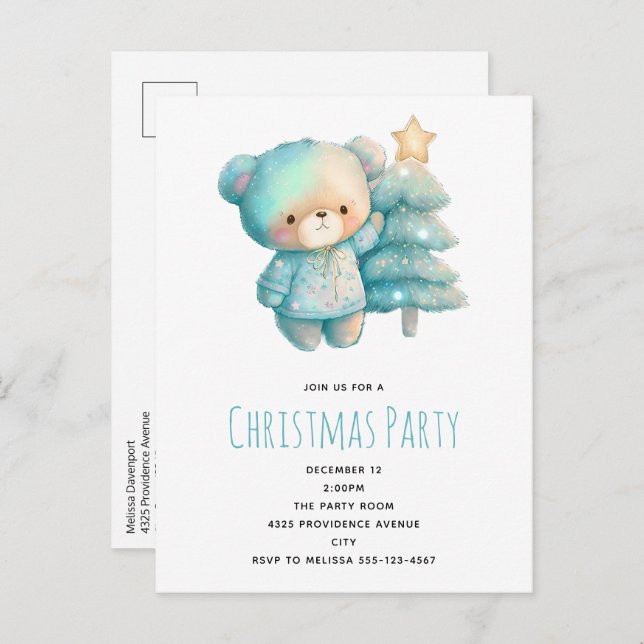 Niedlicher Bär und Weihnachtsbaum Geburtstag Einladungspostkarte (Vorne/Hinten)