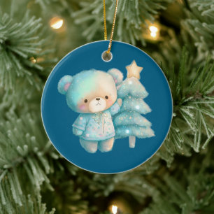 Niedlicher Bär und Weihnachtsbaum Urlaub Keramik Ornament