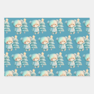 Niedlicher Bär und Weihnachtsbaum Urlaubsmuster Geschenkpapier Set