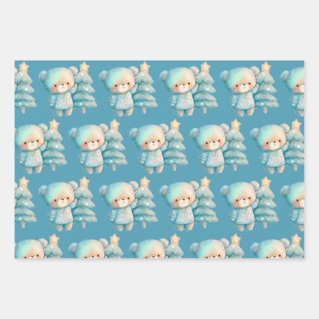 Niedlicher Bär und Weihnachtsbaum Urlaubsmuster Geschenkpapier Set (Vorderseite)