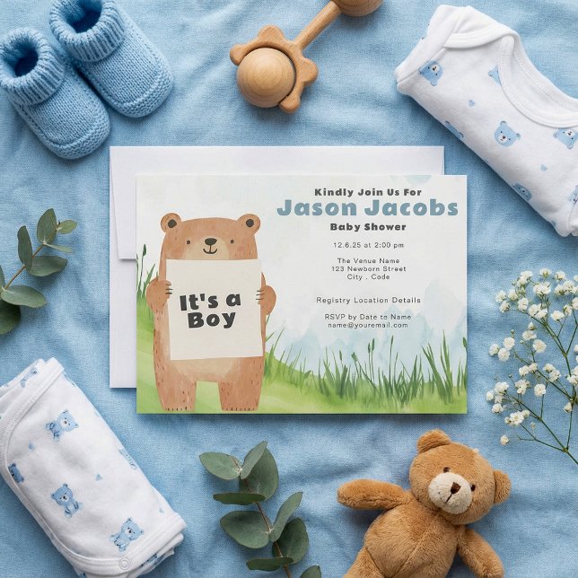 Niedlicher Bär Wasserfarbe Es ist eine Kinderdusch Einladung (Watercolor cute Bear It’s a Boy Baby Shower Invitation)