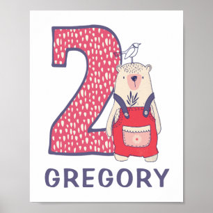 Niedlicher Bär zweiter Geburtstag mit Namensschild Poster