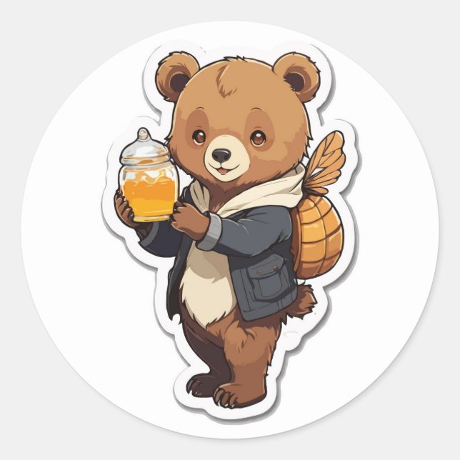Niedlicher BärenCartoon mit Honey Illustration Runder Aufkleber (Vorderseite)