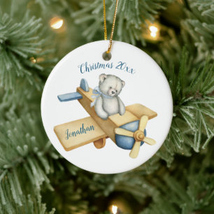 Niedlicher Bärenflugzeug Aquarellfarbe Weihnachtsn Keramik Ornament