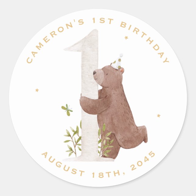 Niedlicher Bärenwald erste Geburtstagsparty Runder Aufkleber (Vorderseite)