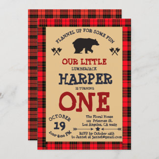 Niedlicher Bärn-Holzfäller-1. Geburtstags-Waldland Einladung