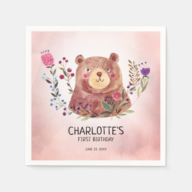 Niedlicher Bärn-und des Blumen-Kindes Geburtstag Serviette (Vorderseite)