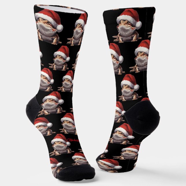 Niedlicher Bartdrache und Weihnachtsmannmütze Schw Socken (Gewinkelt)