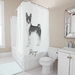 Niedlicher Basenji-Hund in Schwarz-Weiß-Schrift un Duschvorhang