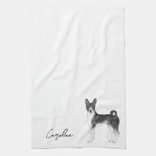 Niedlicher Basenji-Hund in Schwarz-Weiß-Schrift un Geschirrtuch