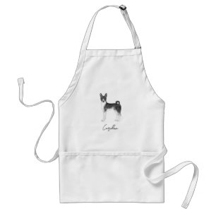 Niedlicher Basenji-Hund in Schwarz-Weiß-Schrift un Schürze