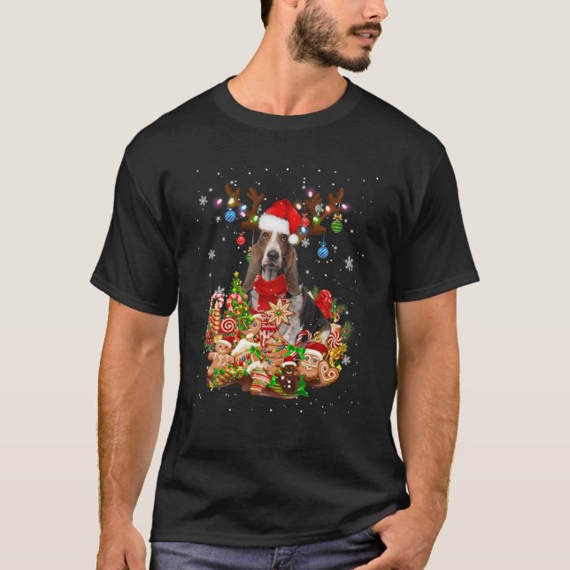 Niedlicher Basset Hound Rentier Weihnachtsleuchter T-Shirt (Vorderseite)