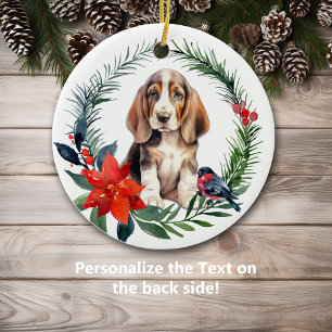 Niedlicher Basset Hound Welpenfleck Poinsettia Keramik Ornament