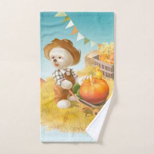 Niedlicher Bauer Hund mit Pumpkin Handtuch