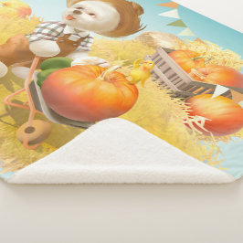 Niedlicher Bauer Hund mit Pumpkin Sherpadecke