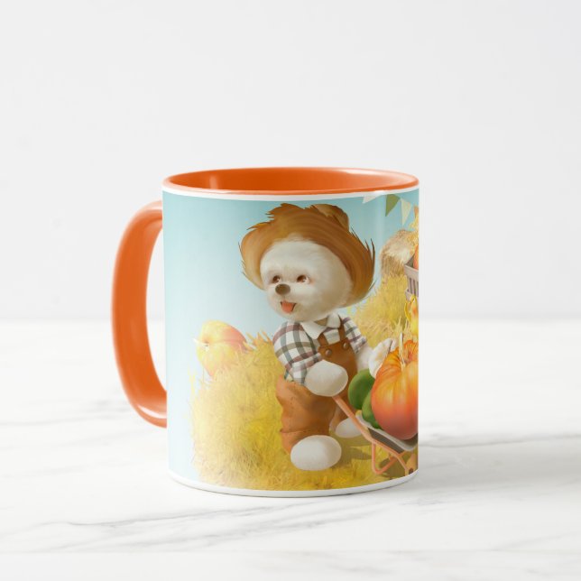 Niedlicher Bauer Hund mit Pumpkin Tasse (Vorderseite Links)