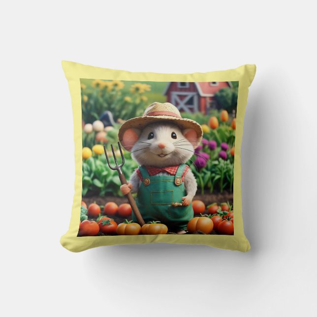 Niedlicher Bauer Mouse in seinem Garden Throw Kiss Kissen (Vorderseite)