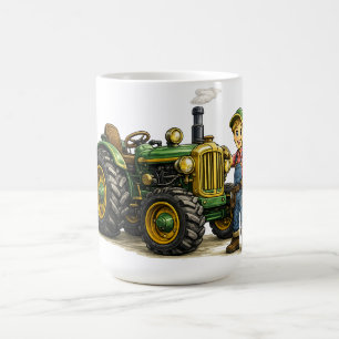 Niedlicher Bauernjunge mit vintage-grünem Traktor Kaffeetasse